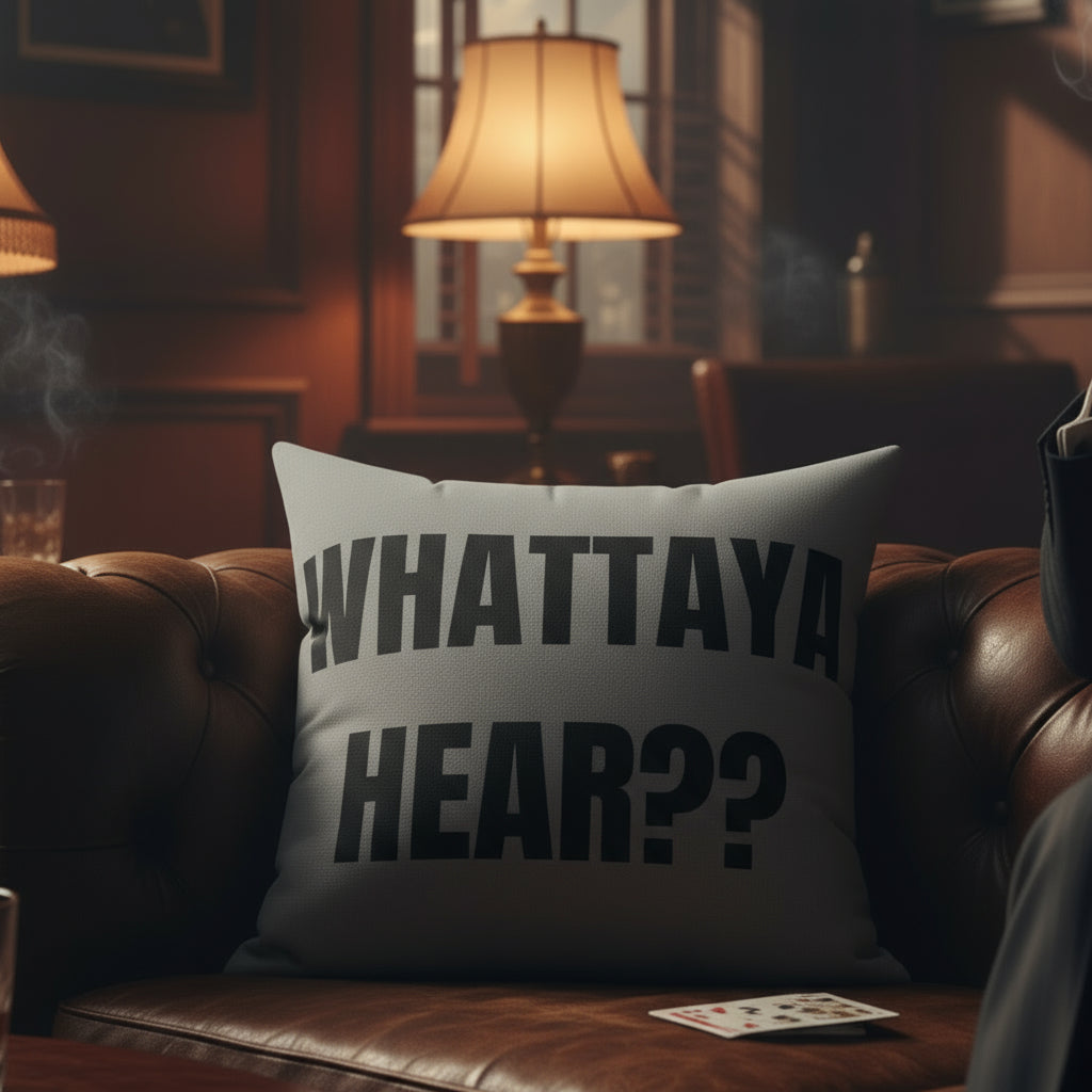 Cojín “Whattaya Hear? Whattaya Say?” – Colección Mafia & Drama